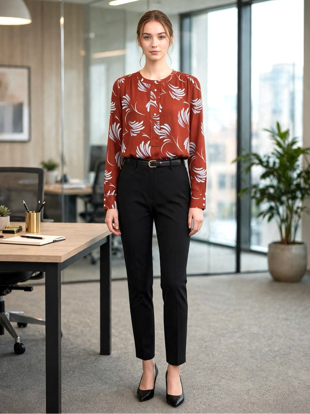 LOFT Rust Red Leaf Print Henley Blouse - Size S - Like New